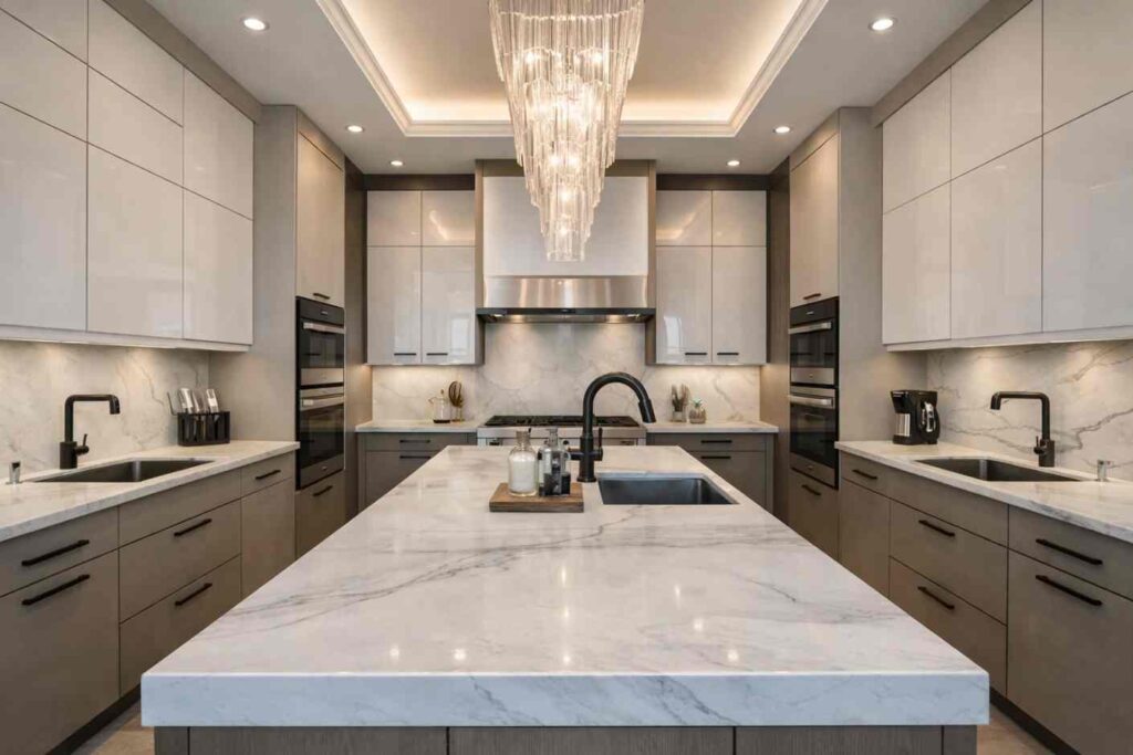 Space between island and counters in kitchen